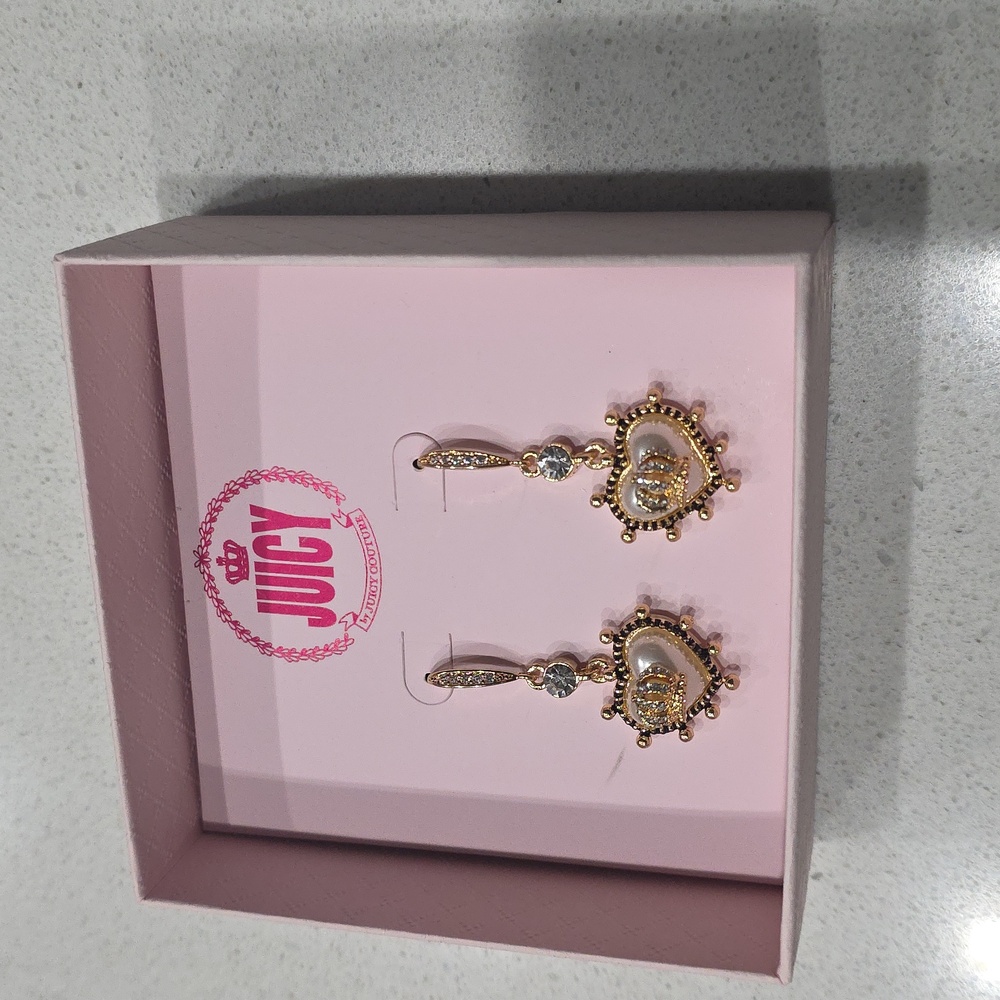 Juicy Couture Gold Crystal Crown Heart Drop Earrings - Picture 6 of 8